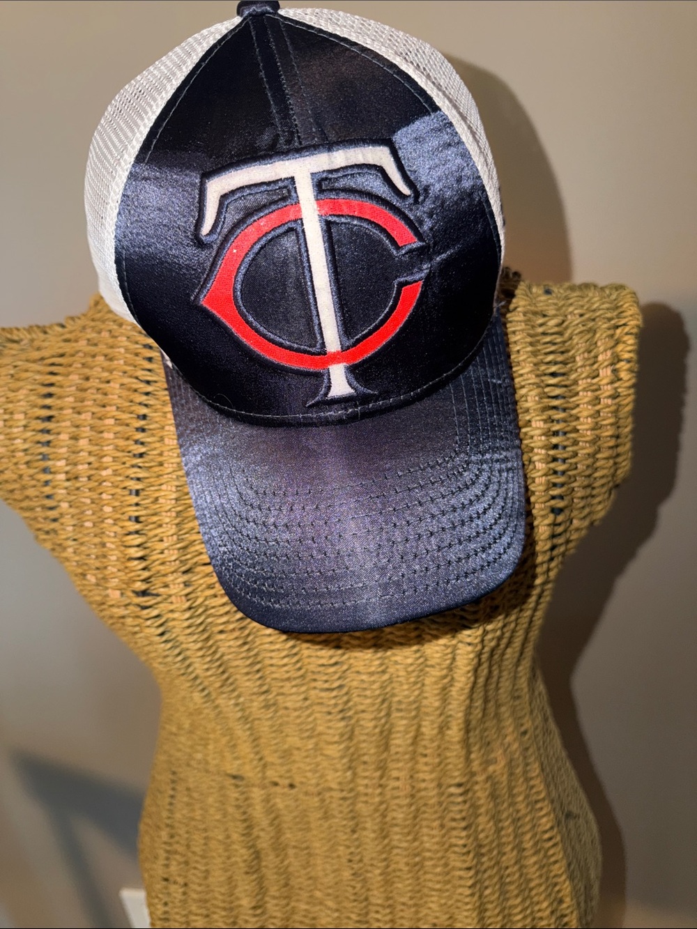 New Era Black and White Minnesota Twins Trucker Hat with Red Logo